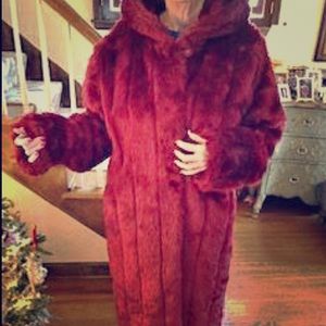 Burgundy Faux Fur Coat with Hood